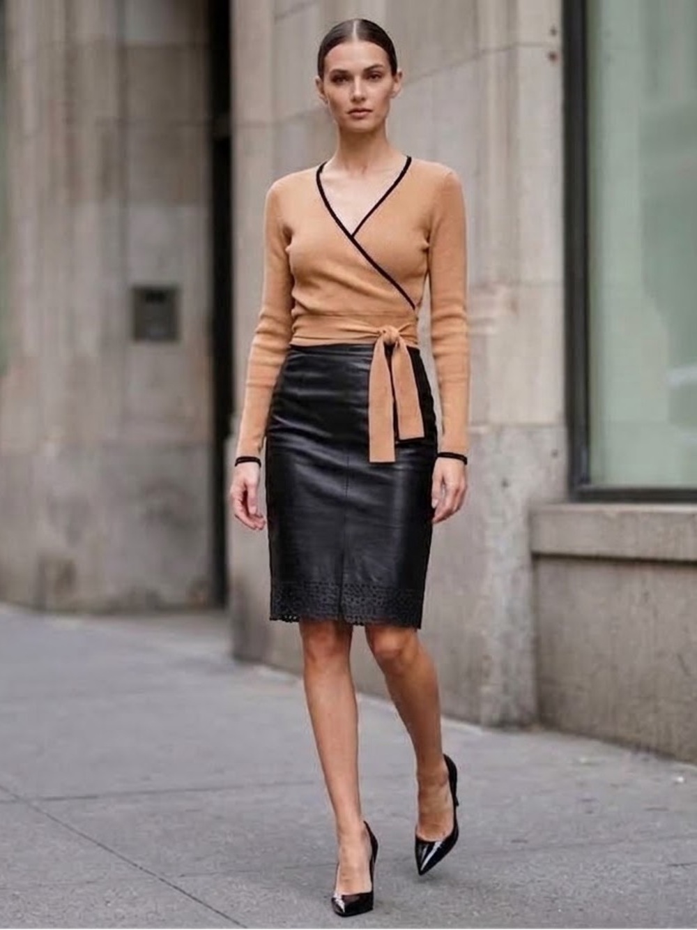 Vintage Newport News Black  Leather  A-Line Midi Skirt with Laser-Cut Hem